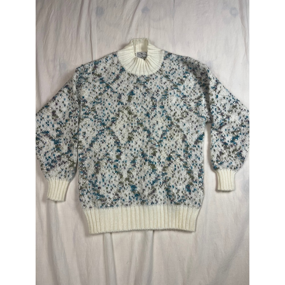Le Moda‎ Vintage Mock Neck Confetti Knit Sweater Womens Small Blue Green Marled